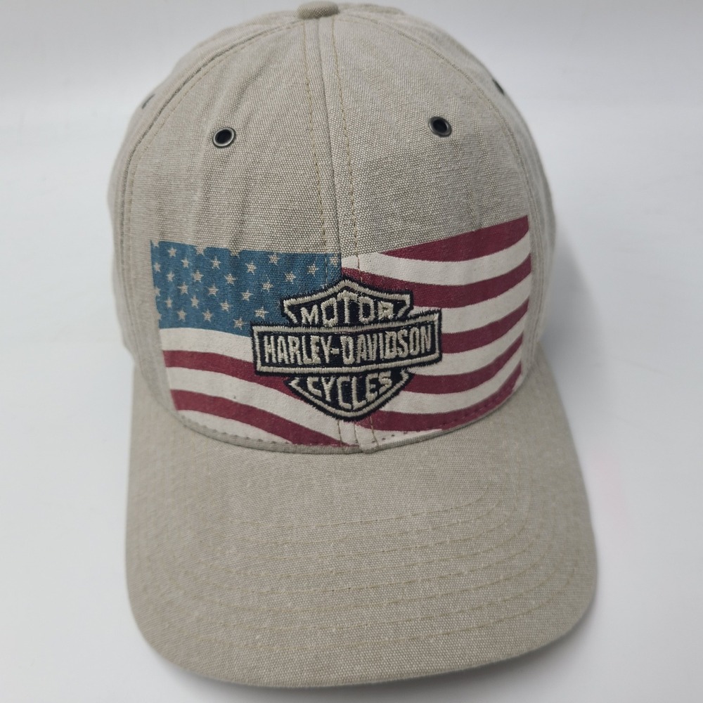 Vintageā Harley Davidson Hat Strapback Beige USA American Flag Motorcycles Men